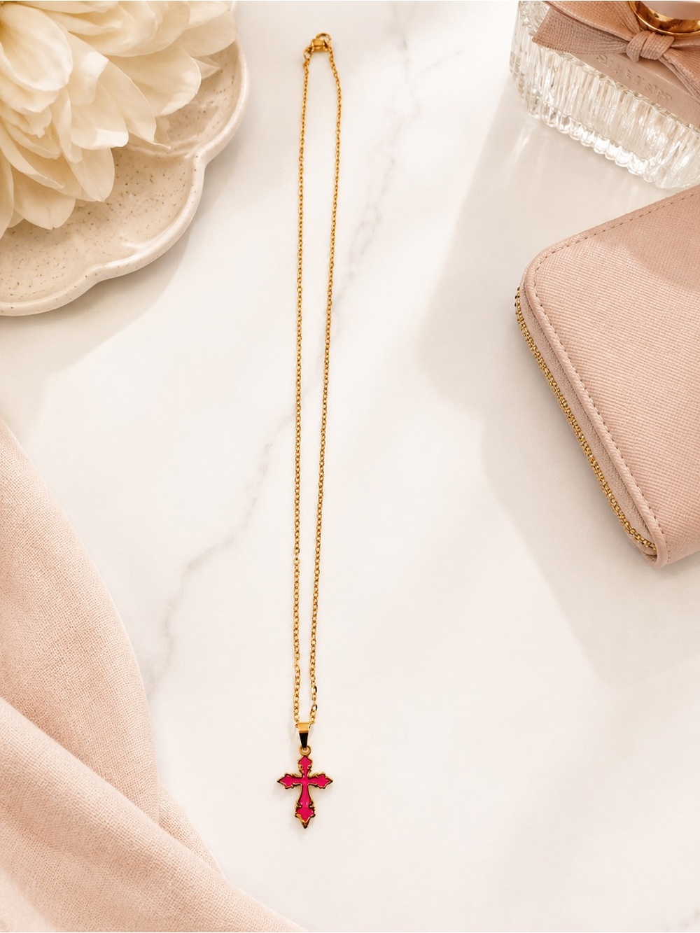 Gold plated Chain Necklace hot Pink Cross Pendant cute tarnish free gift preppy